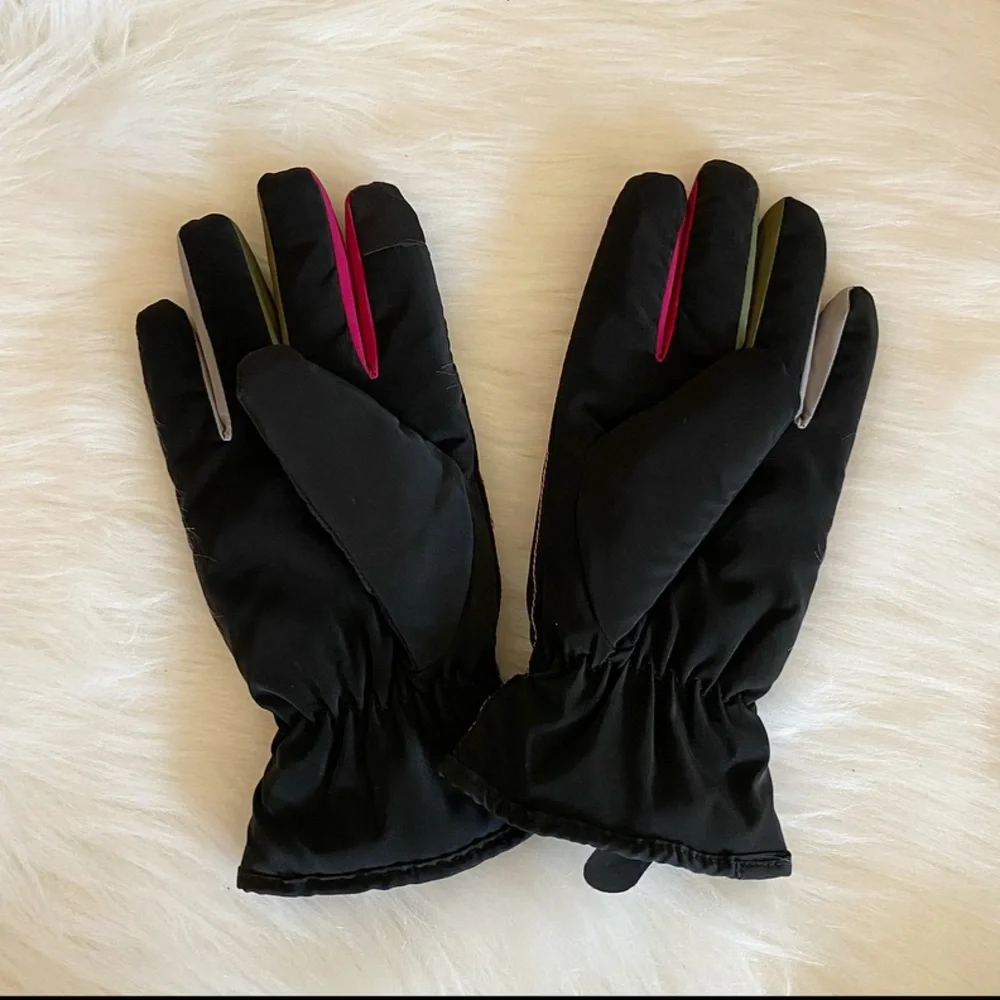 Black Gloves w Pink, Green and Grey Inner Fingers